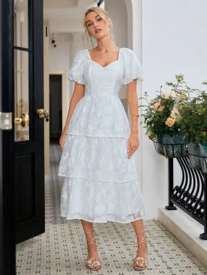 CM-DS311651 Women Elegant Seoul Style Sweetheart Neckline Short Sleeve Layered Floral Cutout Maxi Dress