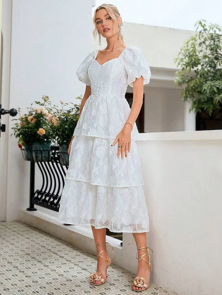 CM-DS311651 Women Elegant Seoul Style Sweetheart Neckline Short Sleeve Layered Floral Cutout Maxi Dress