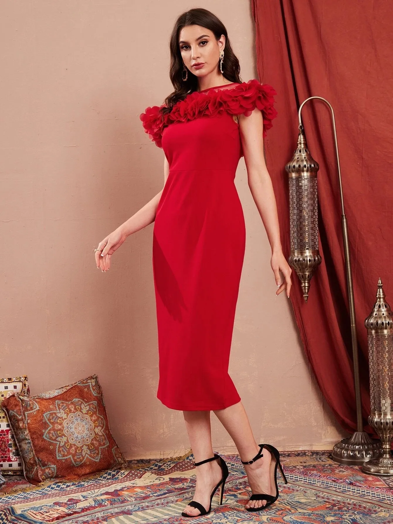 CM-DS401411 Women Elegant Seoul Style Sheer Mesh Insert Appliques Split Back Bodycon Dress - Red