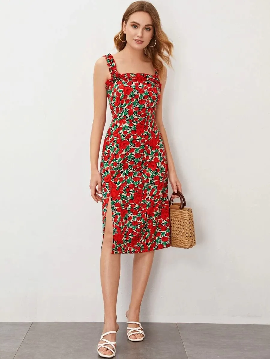 CM-DS409549 Women Casual Seoul Style Sleeveless Allover Floral Frilled Trim Split Cami Dress