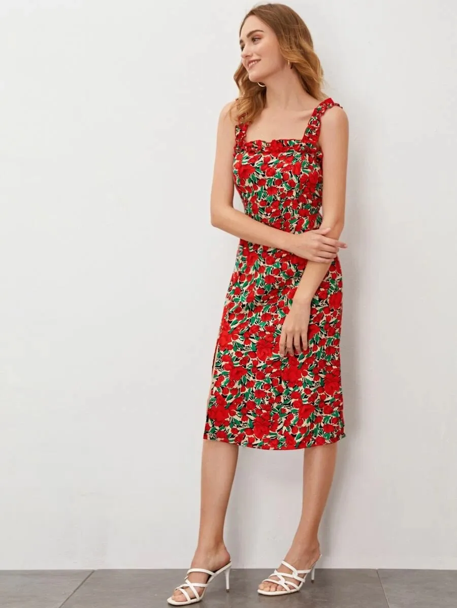 CM-DS409549 Women Casual Seoul Style Sleeveless Allover Floral Frilled Trim Split Cami Dress