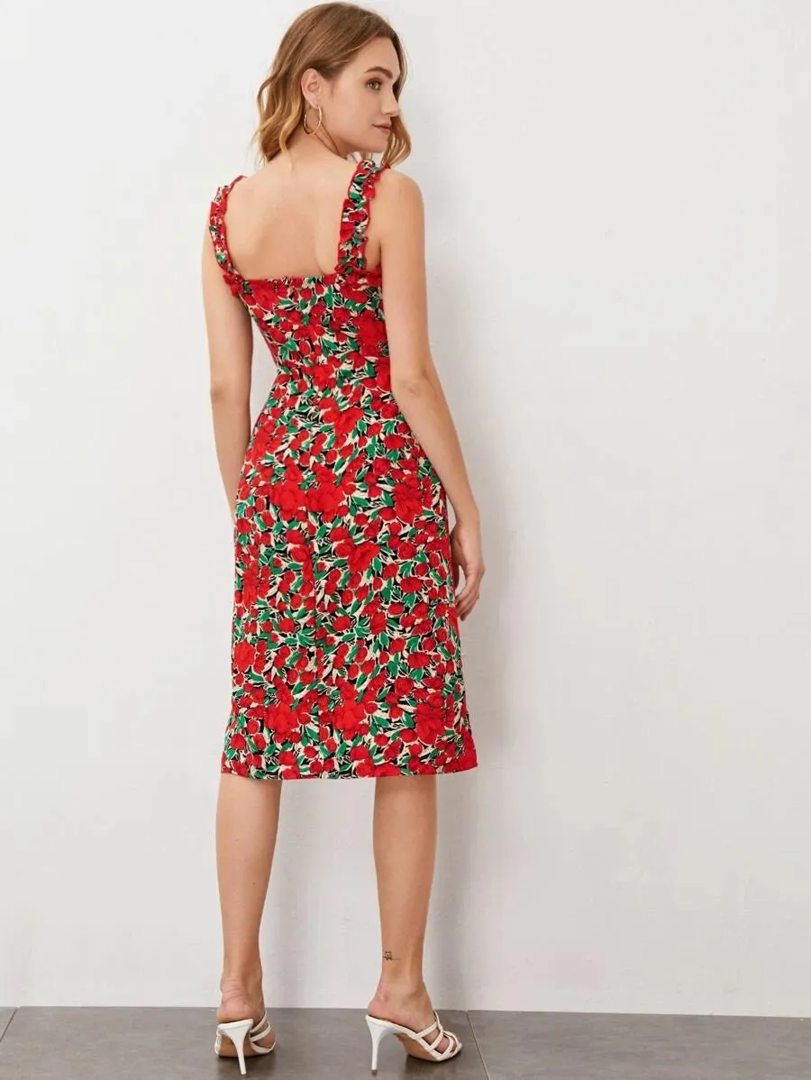 CM-DS409549 Women Casual Seoul Style Sleeveless Allover Floral Frilled Trim Split Cami Dress