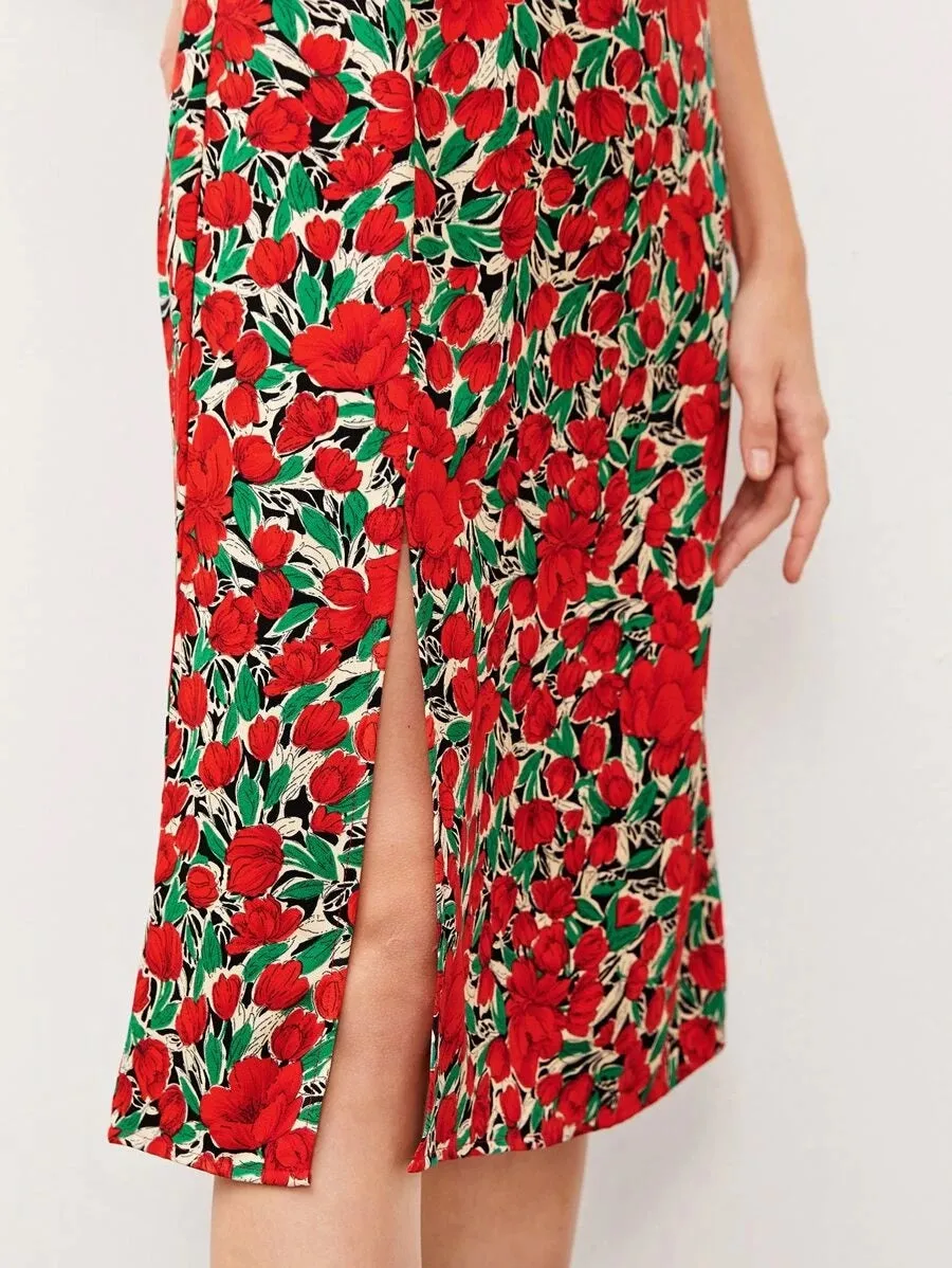 CM-DS409549 Women Casual Seoul Style Sleeveless Allover Floral Frilled Trim Split Cami Dress
