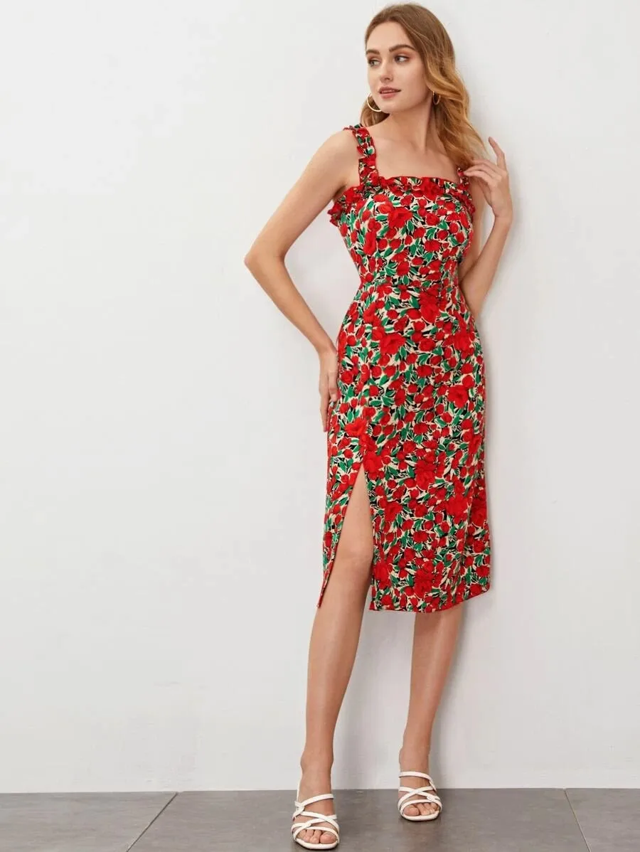 CM-DS409549 Women Casual Seoul Style Sleeveless Allover Floral Frilled Trim Split Cami Dress
