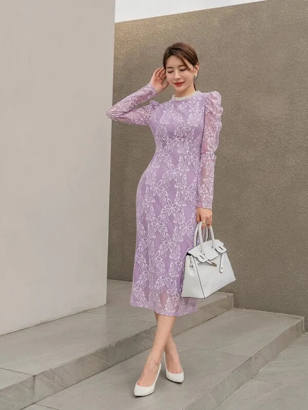 CM-DS422083 Women Elegant Seoul Style Frill Mock Neck Gigot Sleeve Lace Dress