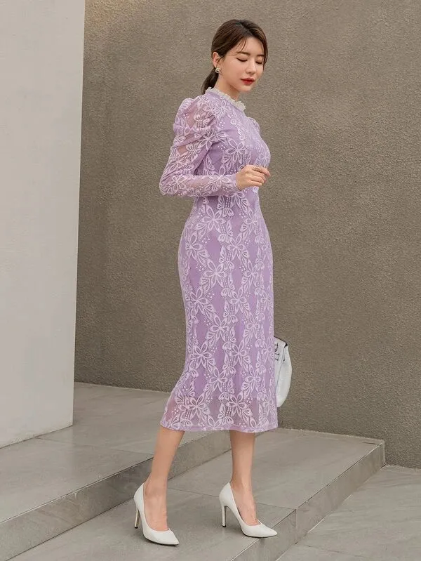 CM-DS422083 Women Elegant Seoul Style Frill Mock Neck Gigot Sleeve Lace Dress