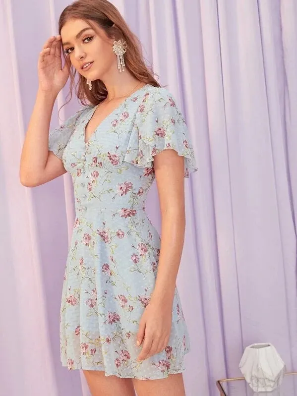 CM-DS423455 Women Casual Seoul Style Covered Button Front Petal Sleeve Floral Dress - Blue