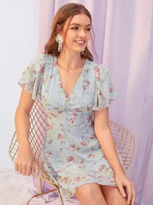 CM-DS423455 Women Casual Seoul Style Covered Button Front Petal Sleeve Floral Dress - Blue