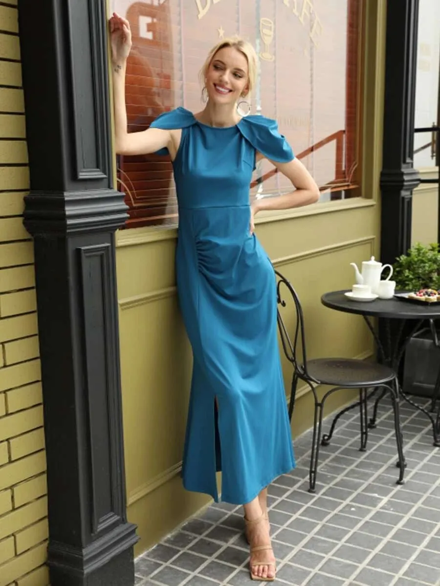 CM-DS508378 Women Elegant Seoul Style Round Neck Solid Ruched Front Split Hem Dress - Blue