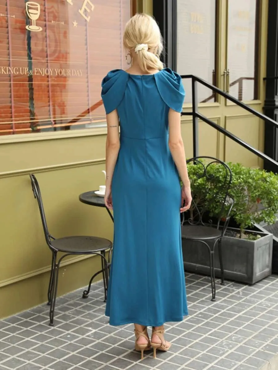 CM-DS508378 Women Elegant Seoul Style Round Neck Solid Ruched Front Split Hem Dress - Blue