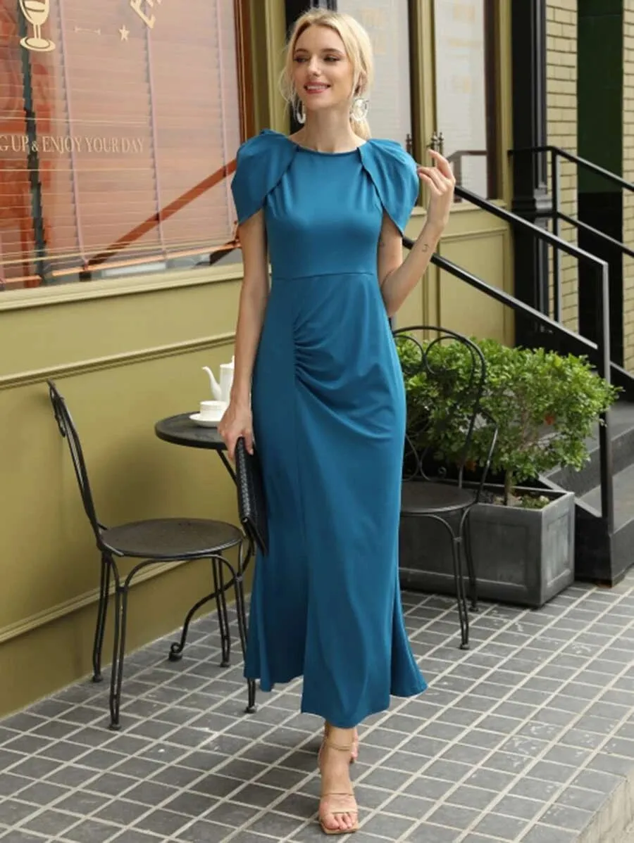 CM-DS508378 Women Elegant Seoul Style Round Neck Solid Ruched Front Split Hem Dress - Blue
