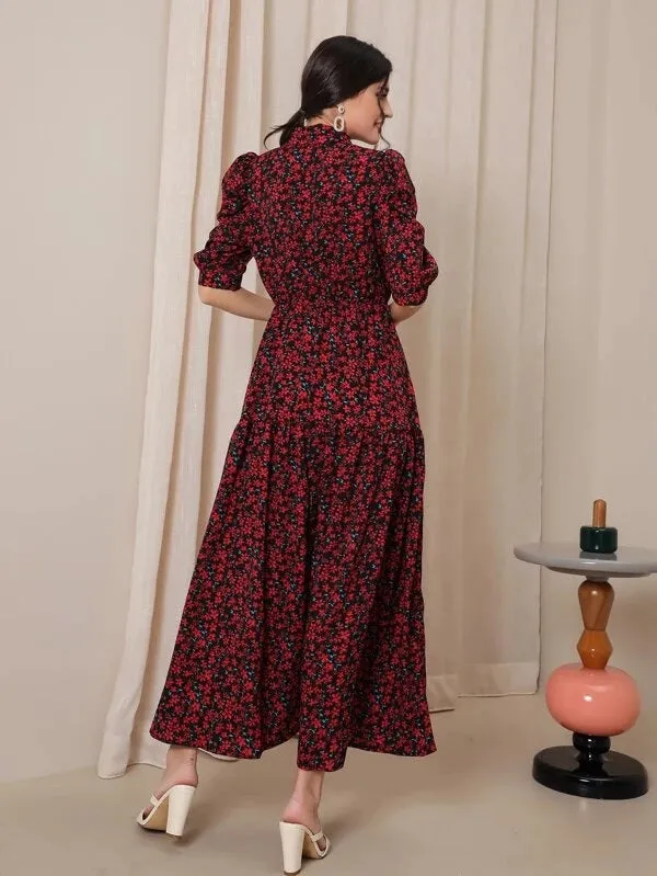 CM-DS520986 Women Trendy Bohemian Style Ditsy Floral Puff Sleeve Shirt Dress