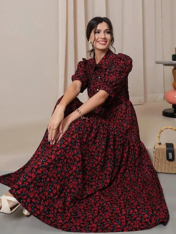 CM-DS520986 Women Trendy Bohemian Style Ditsy Floral Puff Sleeve Shirt Dress