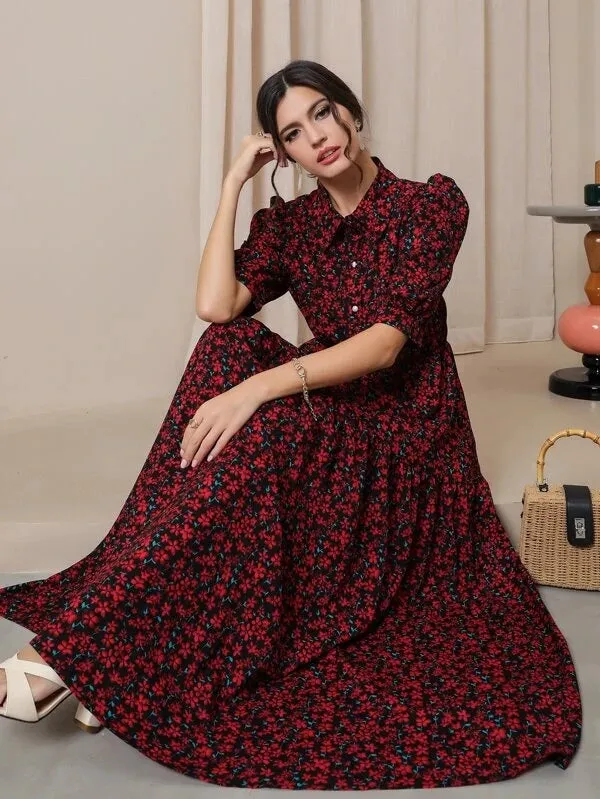 CM-DS520986 Women Trendy Bohemian Style Ditsy Floral Puff Sleeve Shirt Dress