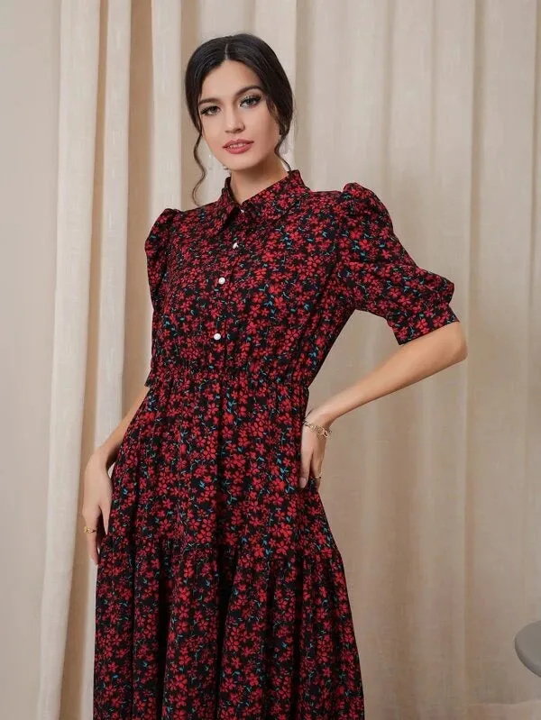 CM-DS520986 Women Trendy Bohemian Style Ditsy Floral Puff Sleeve Shirt Dress