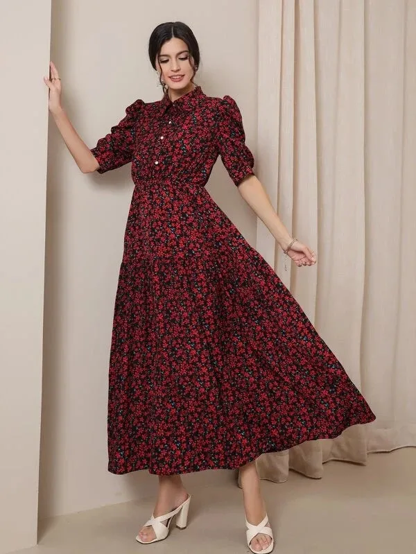 CM-DS520986 Women Trendy Bohemian Style Ditsy Floral Puff Sleeve Shirt Dress