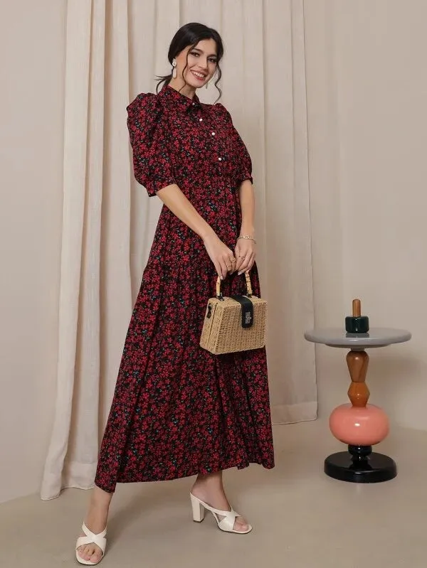 CM-DS520986 Women Trendy Bohemian Style Ditsy Floral Puff Sleeve Shirt Dress