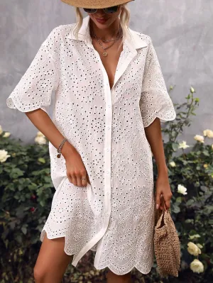 CM-DS598668 Women Trendy Bohemian Style Eyelet Embroidery Drop Shoulder Dress - White
