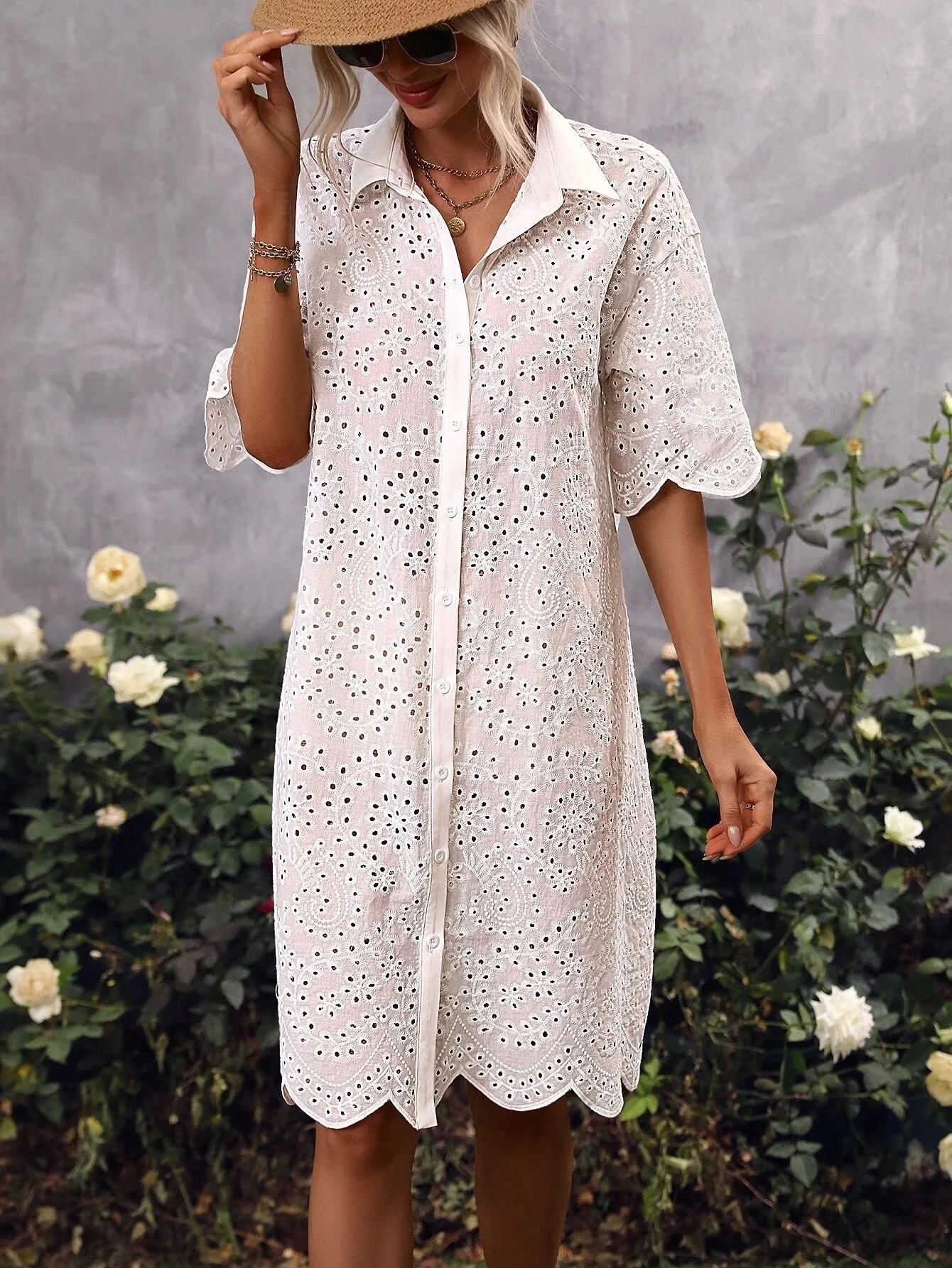 CM-DS598668 Women Trendy Bohemian Style Eyelet Embroidery Drop Shoulder Dress - White