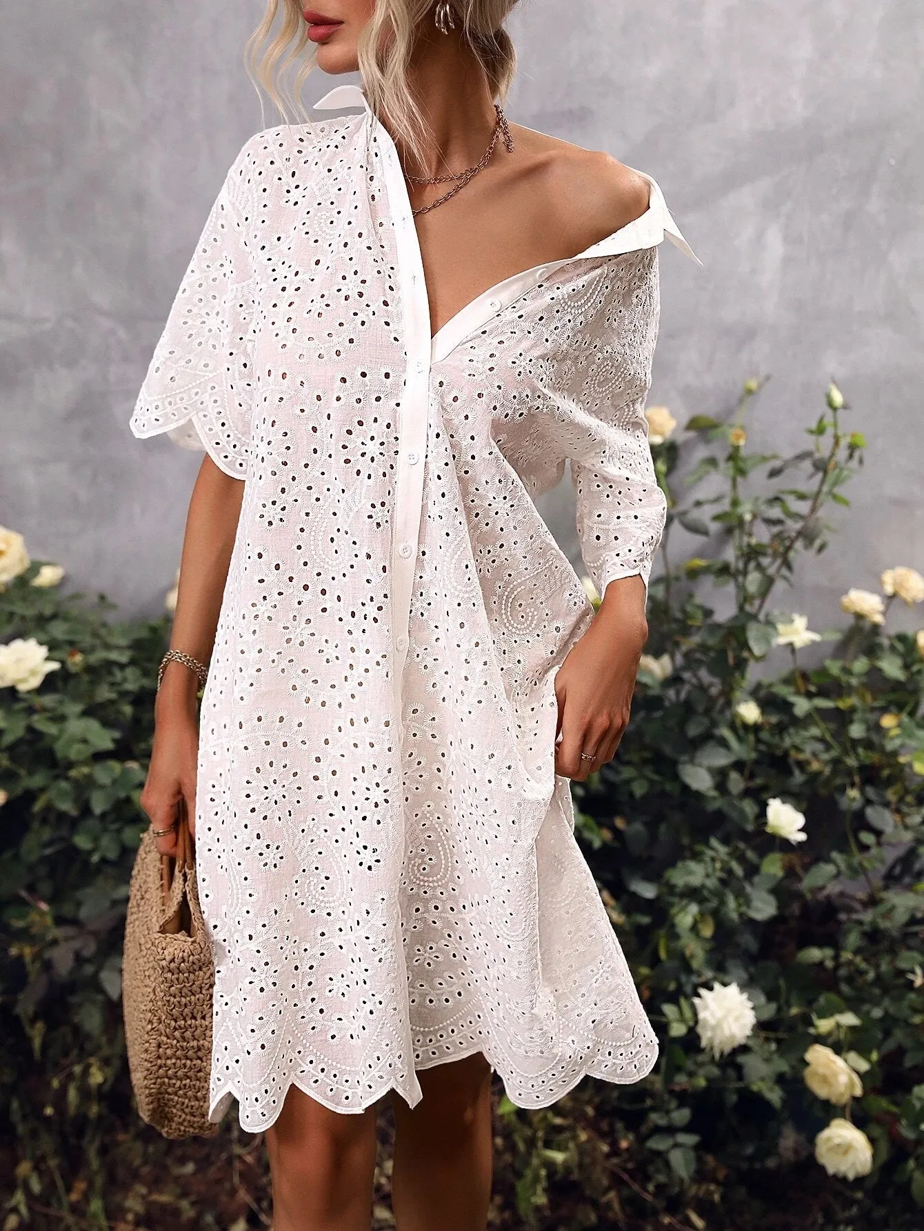 CM-DS598668 Women Trendy Bohemian Style Eyelet Embroidery Drop Shoulder Dress - White