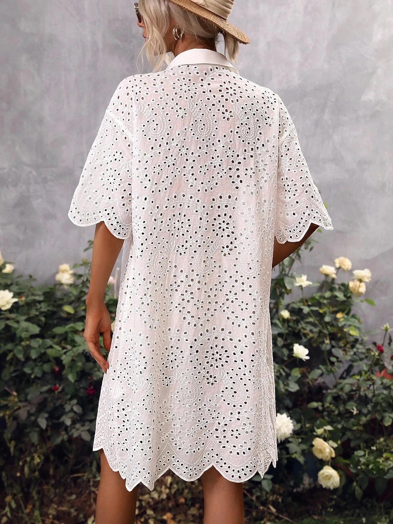 CM-DS598668 Women Trendy Bohemian Style Eyelet Embroidery Drop Shoulder Dress - White