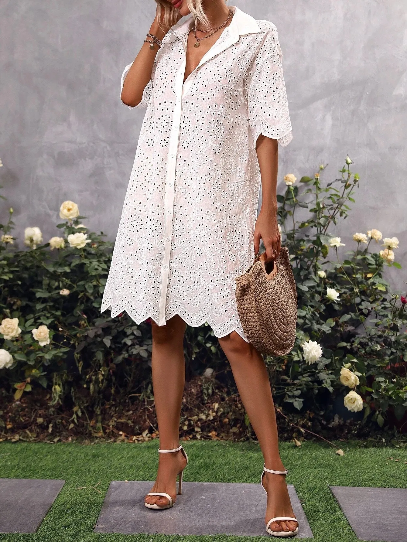 CM-DS598668 Women Trendy Bohemian Style Eyelet Embroidery Drop Shoulder Dress - White