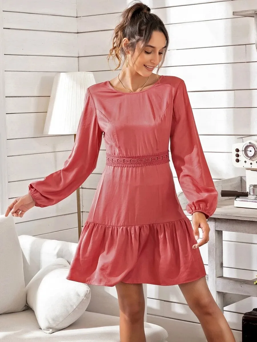 CM-DS628185 Women Trendy Bohemian Style Lace Up Back Flippy Hem A-Line Dress - Pink