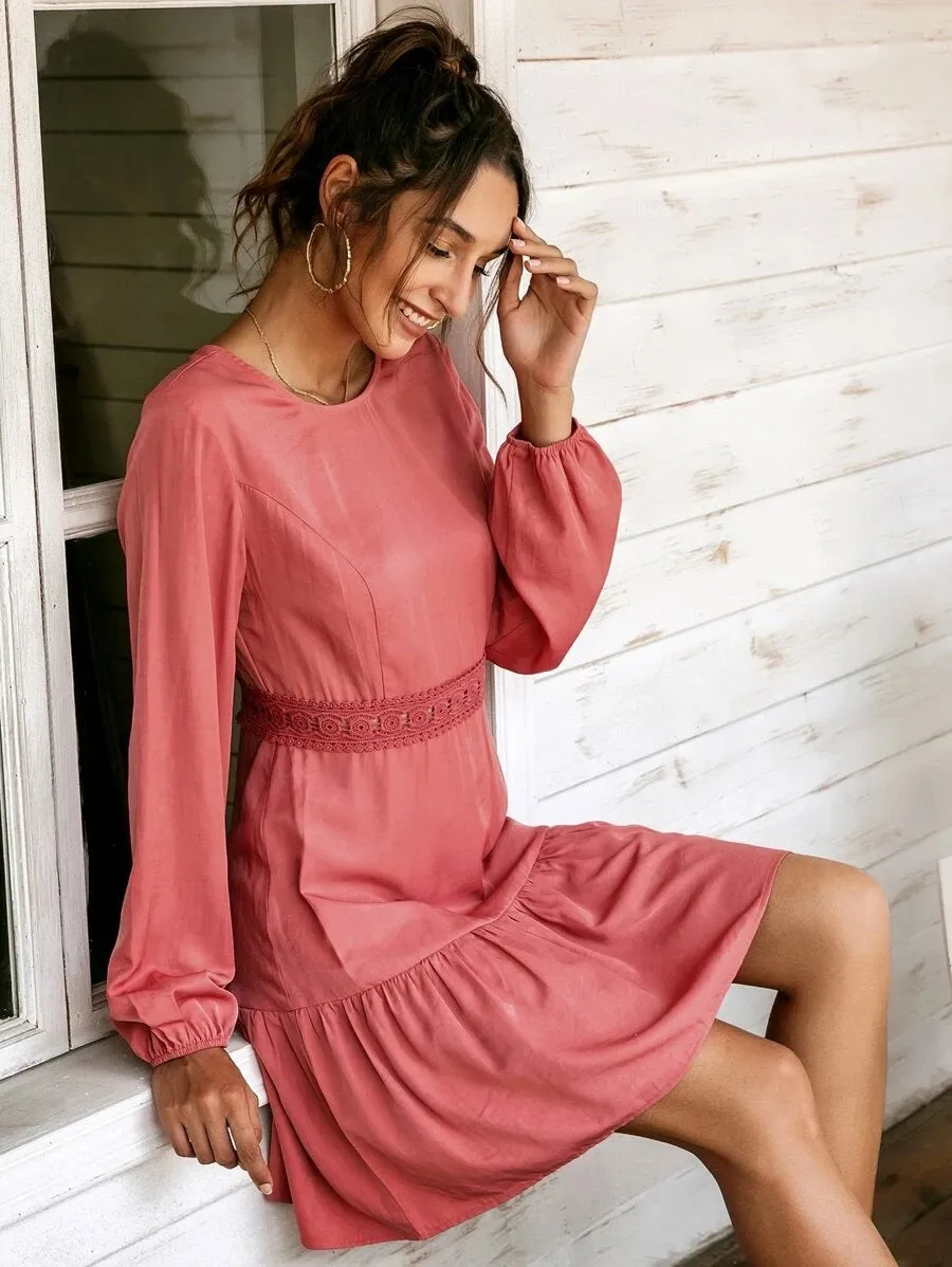 CM-DS628185 Women Trendy Bohemian Style Lace Up Back Flippy Hem A-Line Dress - Pink