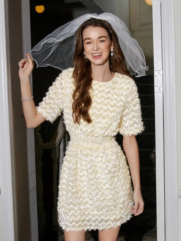 CM-DS631926 Women Elegant Seoul Style Round Neck Short Sleeve Waist Cinched Dress
