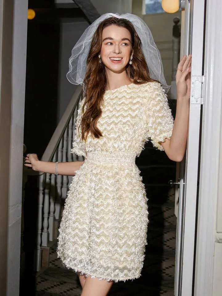 CM-DS631926 Women Elegant Seoul Style Round Neck Short Sleeve Waist Cinched Dress