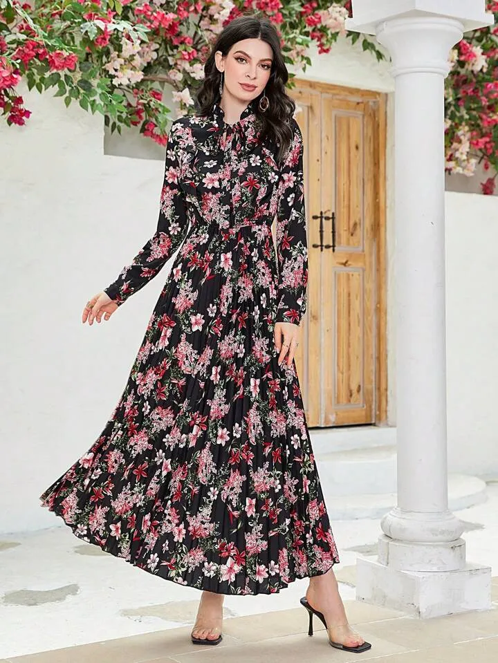 CM-DS652950 Women Trendy Bohemian Style Floral Print Long Sleeve Maxi Dress - Black