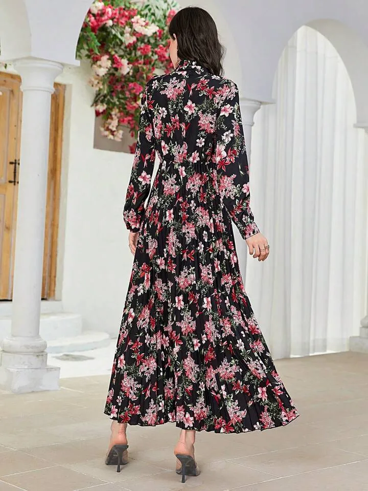 CM-DS652950 Women Trendy Bohemian Style Floral Print Long Sleeve Maxi Dress - Black