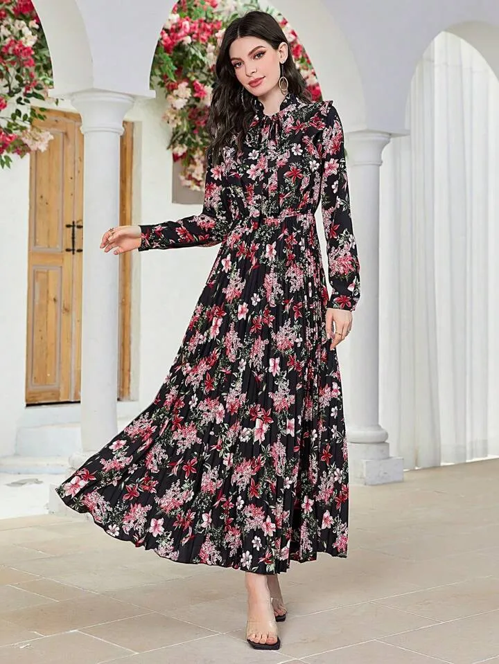 CM-DS652950 Women Trendy Bohemian Style Floral Print Long Sleeve Maxi Dress - Black