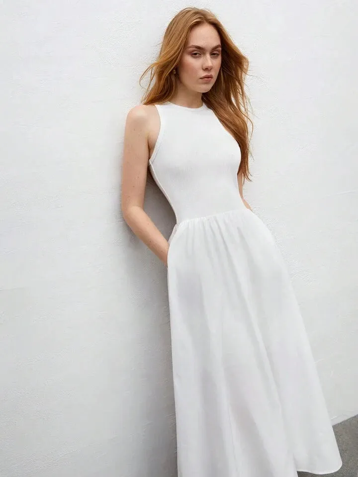 CM-DS653316 Women Trendy Bohemian Style Round Neck Sleeveless High Waist Slim Fit Dress - White