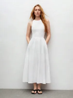 CM-DS653316 Women Trendy Bohemian Style Round Neck Sleeveless High Waist Slim Fit Dress - White