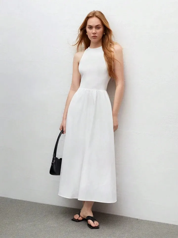 CM-DS653316 Women Trendy Bohemian Style Round Neck Sleeveless High Waist Slim Fit Dress - White