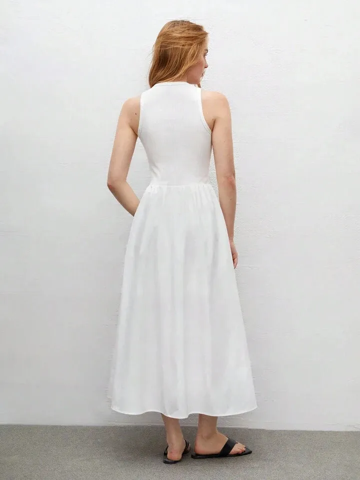 CM-DS653316 Women Trendy Bohemian Style Round Neck Sleeveless High Waist Slim Fit Dress - White