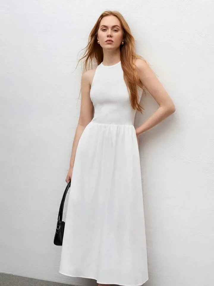 CM-DS653316 Women Trendy Bohemian Style Round Neck Sleeveless High Waist Slim Fit Dress - White