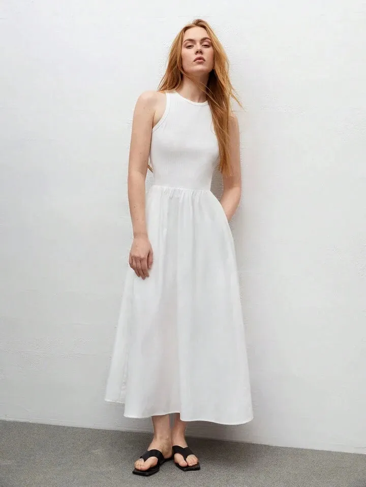 CM-DS653316 Women Trendy Bohemian Style Round Neck Sleeveless High Waist Slim Fit Dress - White