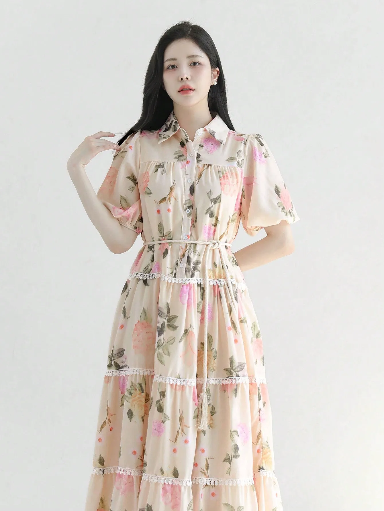 CM-DS662103 Women Elegant Seoul Style Floral Print Cinched Waist A-Line Midi Dress