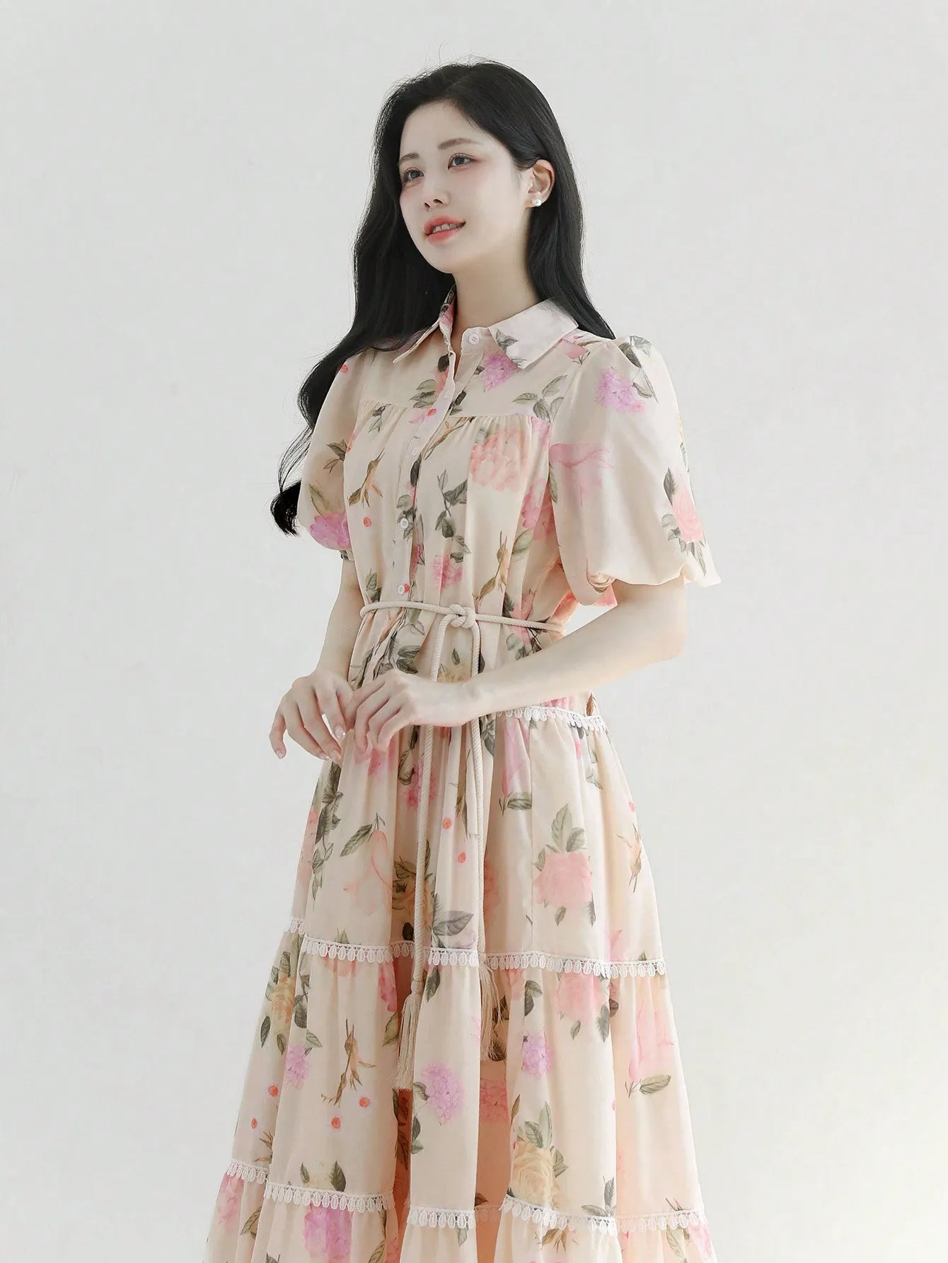 CM-DS662103 Women Elegant Seoul Style Floral Print Cinched Waist A-Line Midi Dress