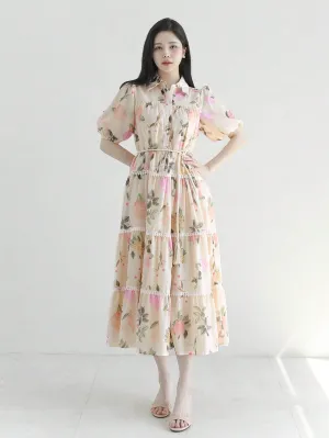 CM-DS662103 Women Elegant Seoul Style Floral Print Cinched Waist A-Line Midi Dress