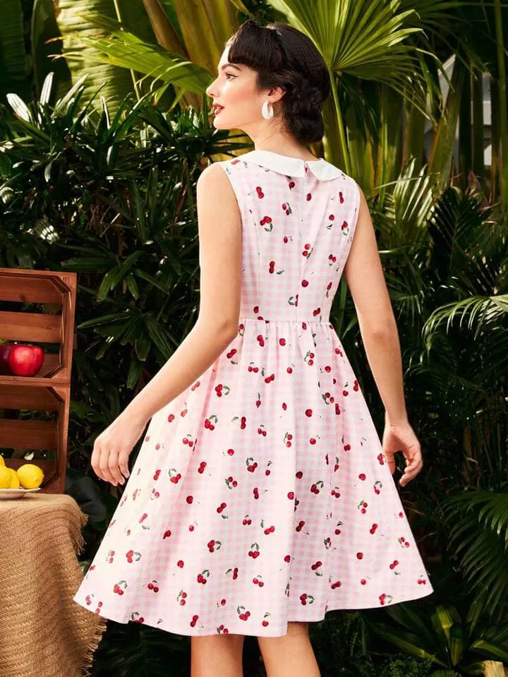 CM-DS691857 Women Vintage Seoul Style Plaid Cherry Print Sleeveless Turn-Down Collar A-Line Dress - Pink