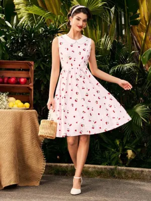 CM-DS691857 Women Vintage Seoul Style Plaid Cherry Print Sleeveless Turn-Down Collar A-Line Dress - Pink