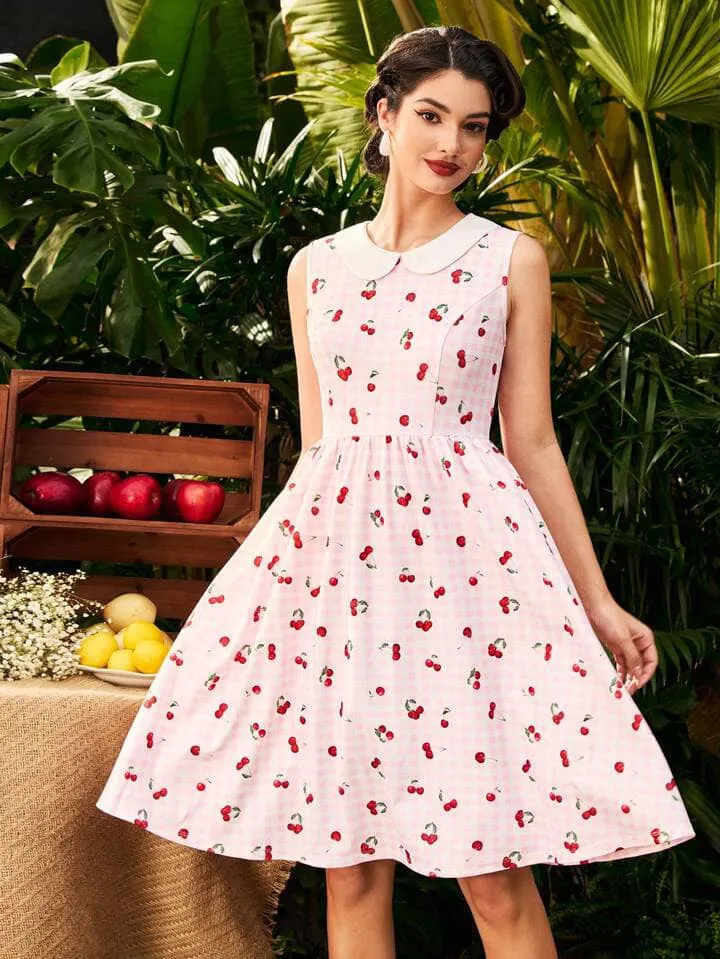 CM-DS691857 Women Vintage Seoul Style Plaid Cherry Print Sleeveless Turn-Down Collar A-Line Dress - Pink