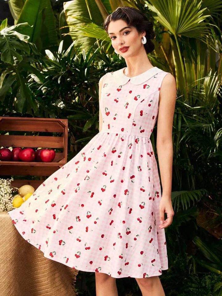 CM-DS691857 Women Vintage Seoul Style Plaid Cherry Print Sleeveless Turn-Down Collar A-Line Dress - Pink