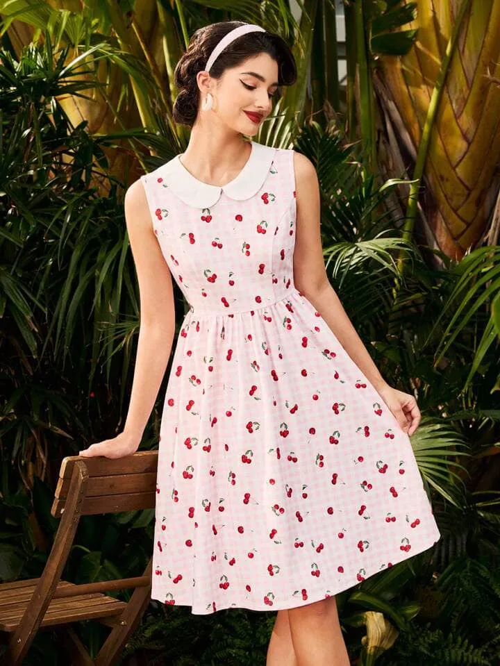 CM-DS691857 Women Vintage Seoul Style Plaid Cherry Print Sleeveless Turn-Down Collar A-Line Dress - Pink