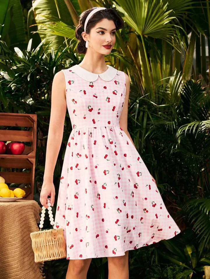 CM-DS691857 Women Vintage Seoul Style Plaid Cherry Print Sleeveless Turn-Down Collar A-Line Dress - Pink