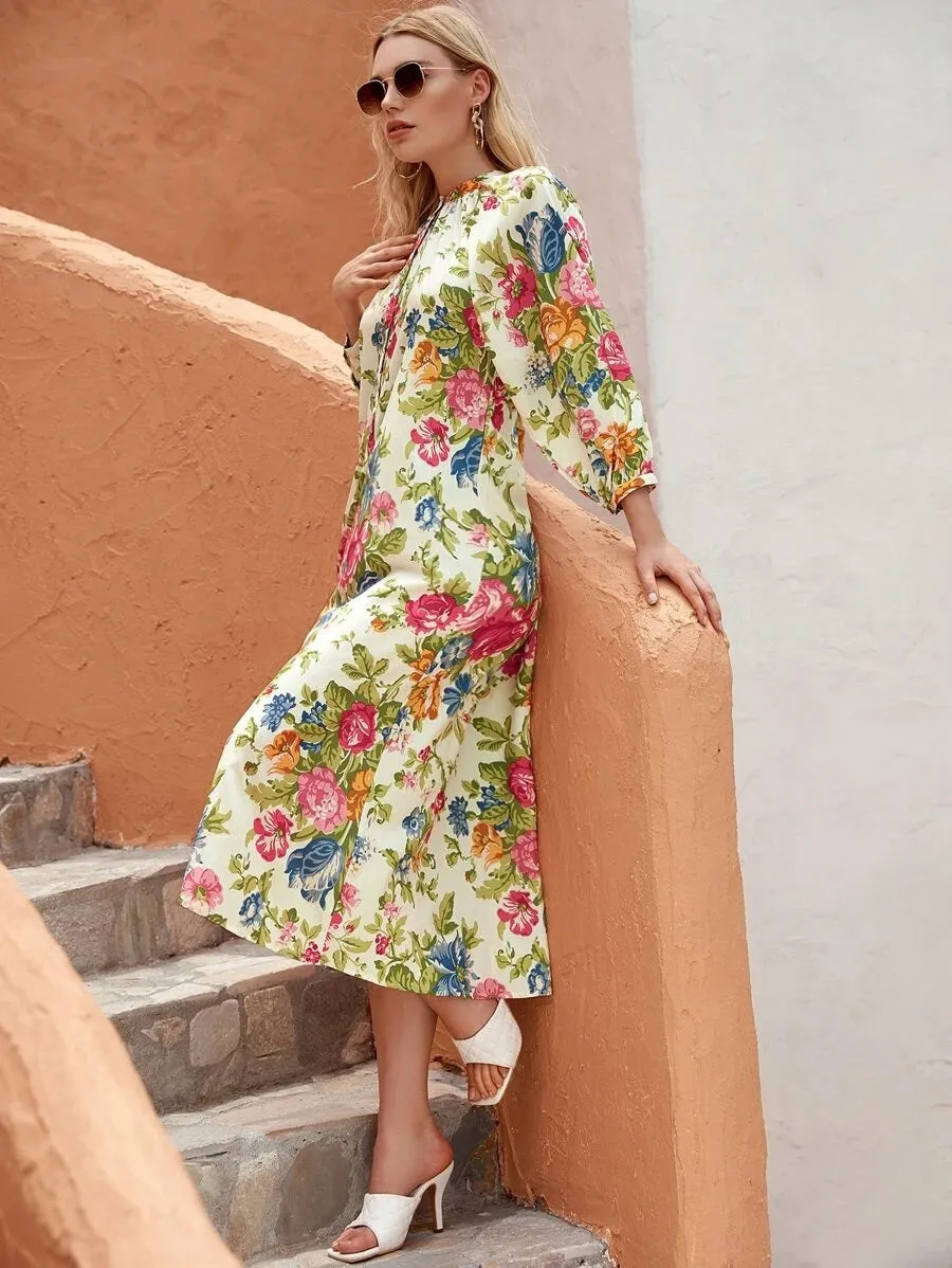 CM-DS706177 Women Trendy Bohemian Style Long Sleeve Floral Print Half Button Dress