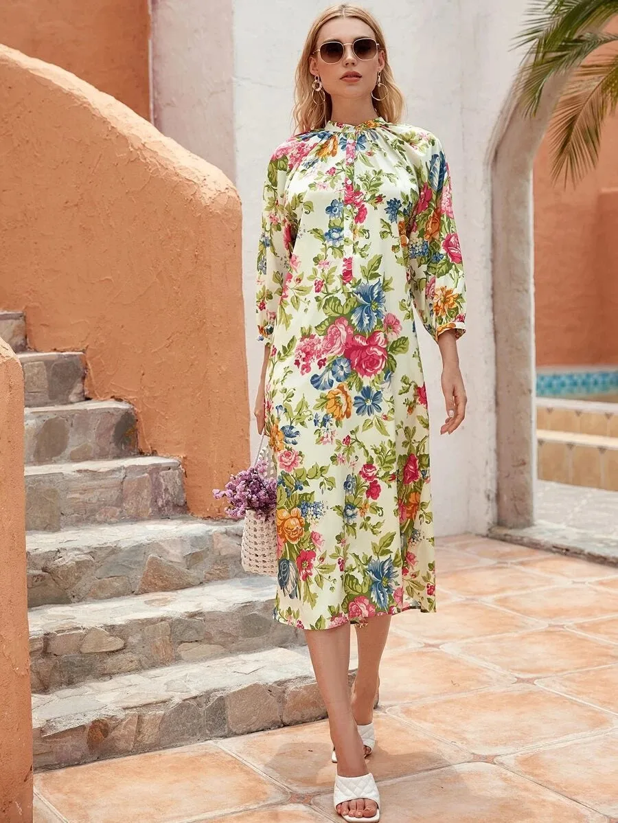 CM-DS706177 Women Trendy Bohemian Style Long Sleeve Floral Print Half Button Dress